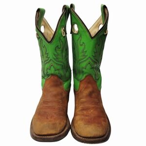 Old West Kids Cowboy Boots BSC1853 Size 12D Green Brown Leather Square Toe